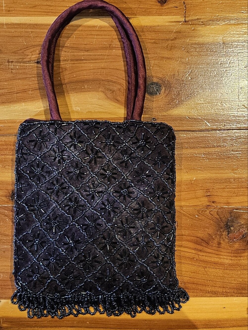 Black Beaded Women's Handbag with Burgundy Handles